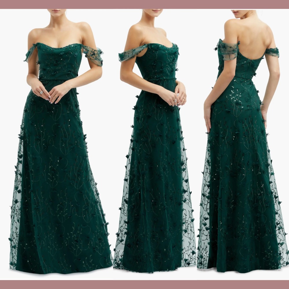NEW Dessy Collection [ 12 ] 10718‎ 3D Embroidered Off  Shoulder Gown Green Q1250